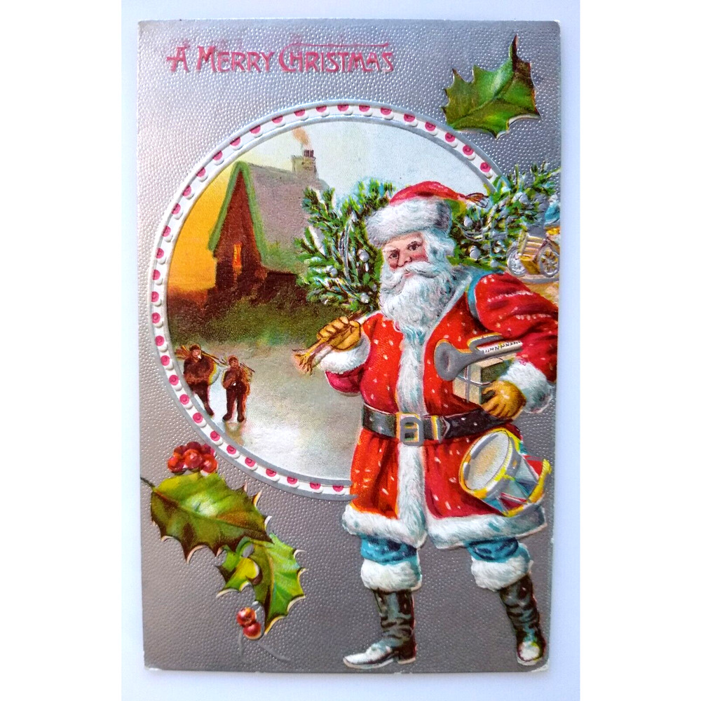 Santa Claus Christmas Postcard Saint Nick Toys Village Cottage Embossed 1909